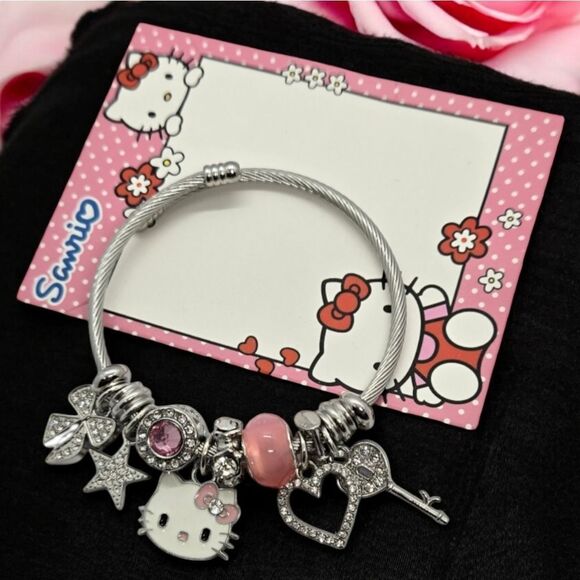 Hello Kitty Beaded Charm Bracelet Rhinestone Silver Heart Bow Cat Star Jewelry - Picture 2 of 12